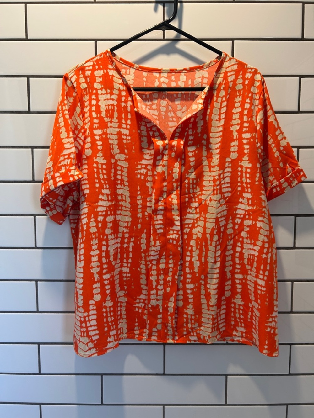 Bright Orange Printed Short-Sleeve Blouse